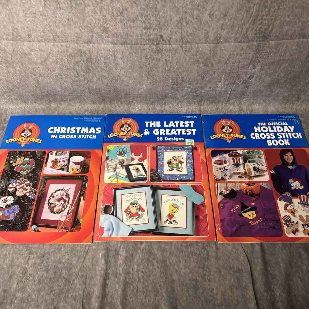 1990s Leisure Arts Looney Tunes Cross Stitch Book Lot Of 3 Christmas Holiday